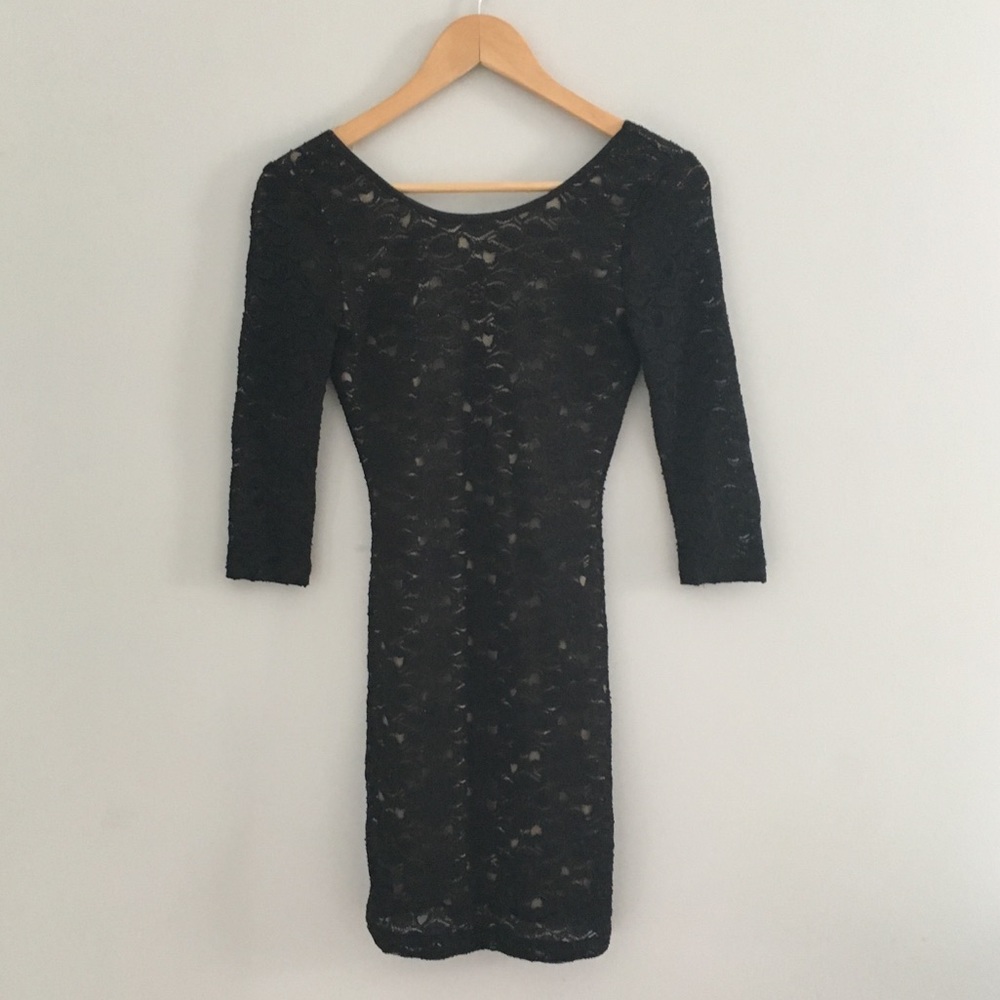 Sparkly Black Lace Bodycon Dress with 3/4 Sleeves